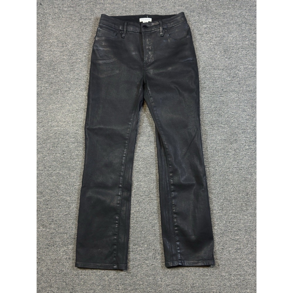 Good American Jeans Women 28 Black Coated Denim Mid Rise Straight Stretch 4/27